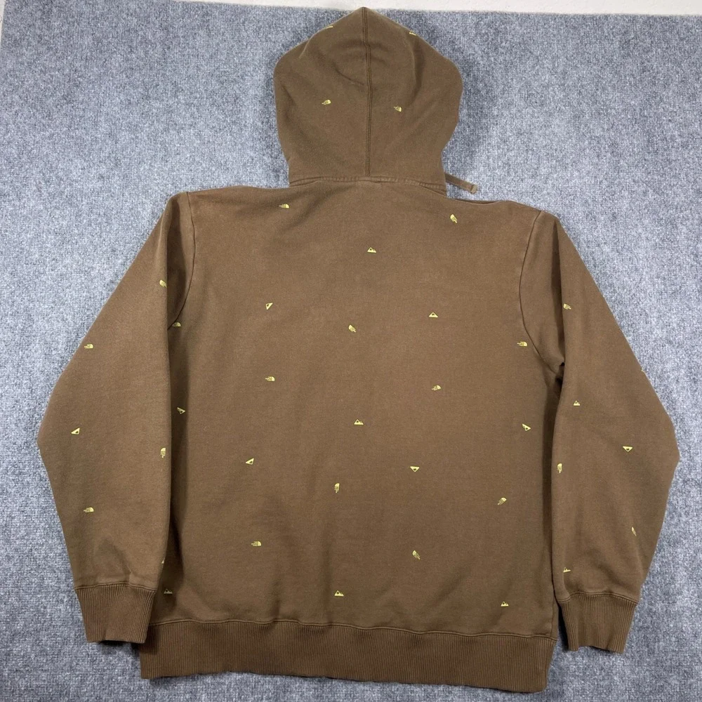 The North Face Hoodie Mens 3XL Brown All Over Print Full Zip Neon Green